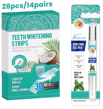 Kokos Munt Tandenkit – Voor Wittere Tanden - Frisse Adem – 28 Tandstrips (14 Pairs) + Mint Gel Pen – Zachte Effectieve Tandenreiniging met Kokosolie, Munt en Natuurlijke Actieve Ingrediënten – Zonder Pijn of Irritatie
