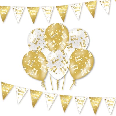 Q2P - Party Time - Slingers - Ballonnen - Wit & Goud Set - Verjaardag Versiering - Helium Ballon