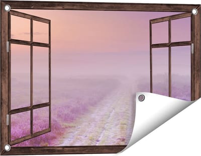 Gards Tuinposter Doorkijk Pad in de Weide tijdens de Mist - 60x40 cm - Tuindoek - Tuindecoratie - Wanddecoratie buiten - Tuinschilderij