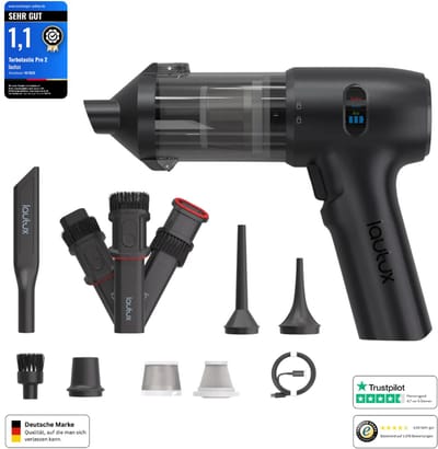 Lautux - Turbotastic Pro 2 - 4 in 1 Zwart Handstofzuiger -Auto stofzuiger- 120 W - 18.000 Pa - tot 60 minuten gebruiksduur - HEPA-filter - LED-display - 4 in 1 opzetstukken-Starter Set- (auto, dierenharen, opblazen, leegzuigen/vacuüm) (parelwit)