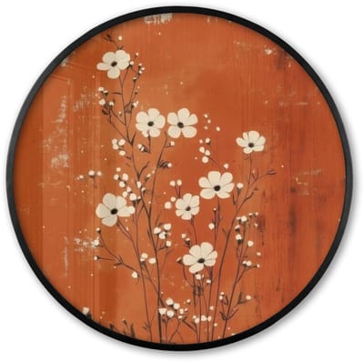 Poster in lijst Rond - Fotolijst 60x60 cm - Posters - Bloemen - Wit - Subtiel - Roestkleur - Ronde posterlijst zwart - Decoratie - Wanddecoratie woonkamer - Muurdecoratie slaapkamer