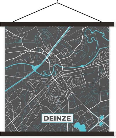 Posterhanger incl. Poster 60x60 cm - Schoolplaat - België – Deinze – Stadskaart – Kaart – Blauw – Plattegrond - Textielposter - Zwarte latten - Stadskaart