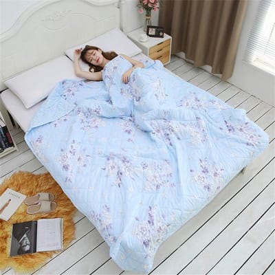 LISM-Omkeerbare gewatteerde sprei, deken Geschikt voor airconditioning, donzen dekbedovertrek, bank, airconditioner, bedrukte quilt (blauwe bloemenprint, 170 x 220 cm)