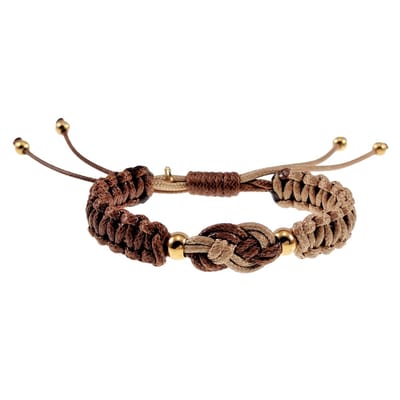 Macramé Armband Dames - Verguld RVS - Gewaxt Leerdraad Kaki-Bruin - Een Maat - Oneindigheid Armband - Handgemaakt