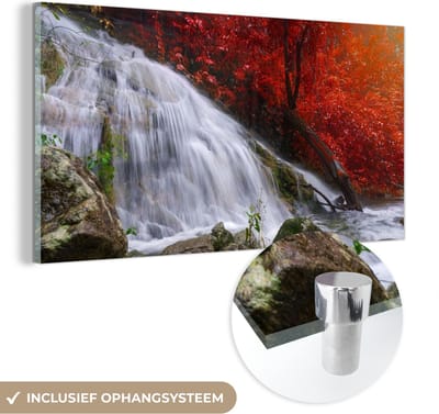 MuchoWow® Glasschilderij 40x20 cm - Schilderij acrylglas - Waterval - Rotsen - Water - Herfst - Foto op glas - Schilderijen