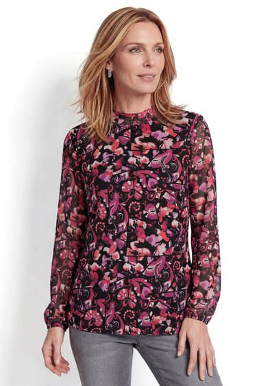 Lichtgewicht mesh shirt met opstaande kraag - roze / zwart / gedess. - Gr. 19 van Goldner Fashion