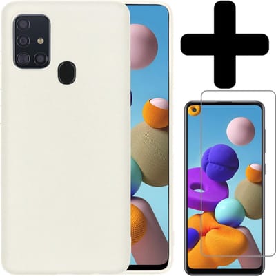 Hoesje - Met Screenprotector - Geschikt voor Samsung Galaxy A21s - Sterk & Shockproof - Telefoon Hoes - Back Cover - Siliconen Case - Telefoonhoes - Wit