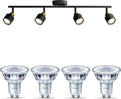 Philips Niall Opbouwspot (Zwart/Goud) - Warmwit Licht - Plafondspot met 4 Lichtpunten - GU10 - Niet Dimbaar