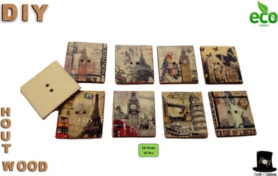 Bob Online ™ - 16 Stuks – Mixed Setje - Knoop - Houten Vintage Bedrukte Toren Postzegel - Knopen met 2 Gaatjes – Wooden Vintage Printed Tower Postage Stamp Style Buttons 2 Holes – Houten Hobby Object – Knutselen, Naaien, Scrapbooking - Travel Thema