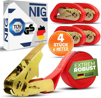 Pack of 4 ratchet lashing straps, 800 kg, 6 m, TÜV/GS tested, 25 mm