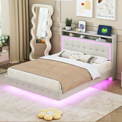 Sweiko Tweepersoonsbed - 140×200 cm - USB-aansluiting - LED-verlichting - Zwevend bed - Linnen - Beige