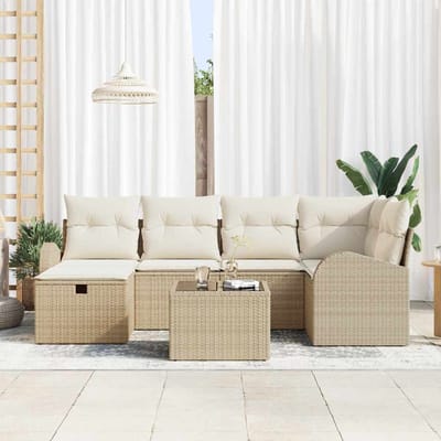 vidaXL - Bankstel - met - kussen - met - opslag - 7 - pcs - Beige - en - Crème - poly - rattan