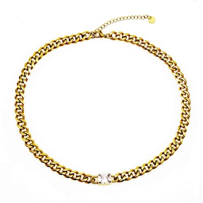 Dottilove Dames Ketting met Zirkoniasteen - Geel Gold Plated op RVS - Cubaanse Schakelketting
