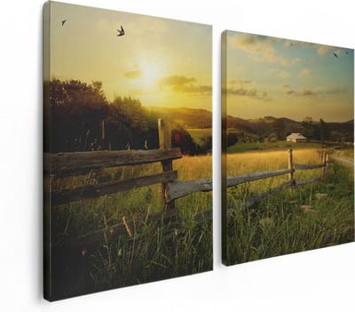Artaza Canvas Schilderij Tweeluik Boerderij Hekken op het Grasveld - 120x80 - Foto Op Canvas - Canvas Print
