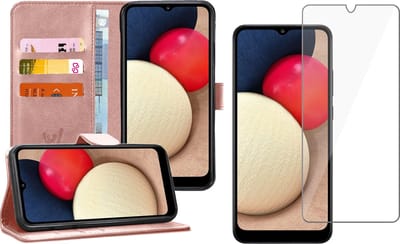 Hoesje geschikt voor Samsung Galaxy A02s - Screen Protector GlassGuard - Book Case Kunstleer Pasjeshouder Rosegoud & Screenprotector