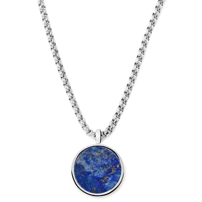 Orisun | Zilverkleurige Roestvrijstalen Ketting met Ronde Hanger van Lapis Lazuli