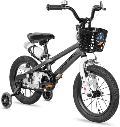Joystar Pluto Kinderfiets - 14 inch - met mandje - met waterfles - zijwieltjes - bel - handrem - grijs - Geschikt voor buitenactiviteiten in de lente