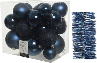 Kerstversiering kunststof kerstballen 6-8-10 cm met folieslingers pakket donkerblauw van 28x stuks - Kerstboomversiering