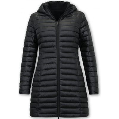 Lange Winterjas Dames met Capuchon - Dames Winterjas Parka - Puffer Jas Dames Slim Fit Dubbelzijdig - 2161 - Zwarte Jas