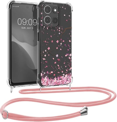 kwmobile telefoonhoesje geschikt voor Motorola Moto G15 - Hoesje met telefoonkoord - Back cover voor smartphone - Case in poederroze / donkerbruin / transparant