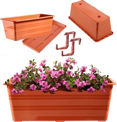 KADAX Terracotta Bloembak, 40 cm, met onderzetters en 2 handgrepen, balkonpot van kunststof, weerbestendige plantenbak, bloempot, balustrade voor bloemen, kruiden