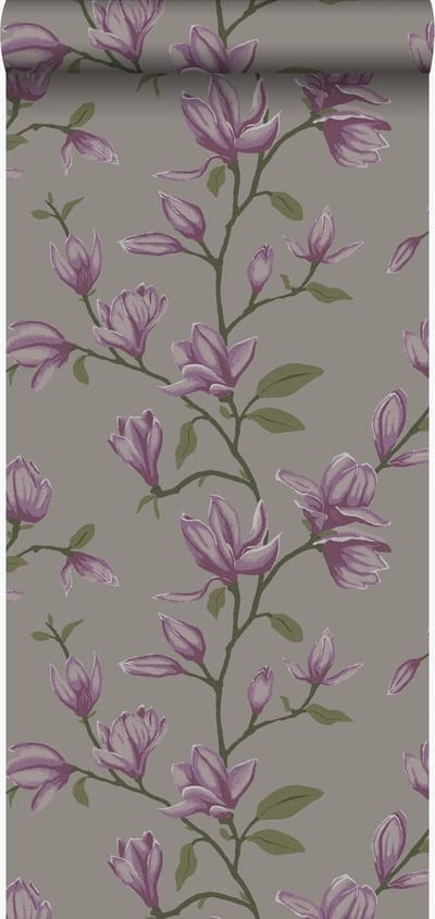Origin Wallcoverings behang magnolia taupe en aubergine paars - 53 cm x 10.05 m - 347052