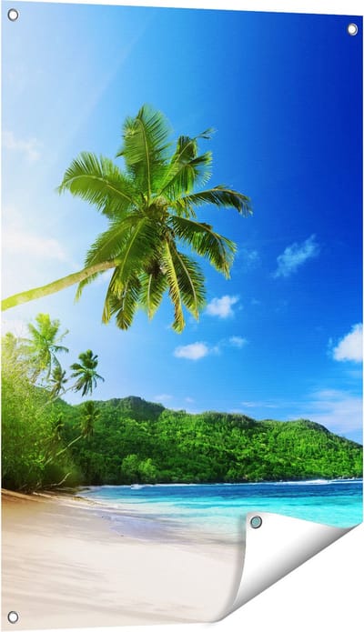 Gards Tuinposter Strand tijdens Zonsondergang in Seychellen - 60x90 cm - Tuindoek - Tuindecoratie - Wanddecoratie buiten - Tuinschilderij