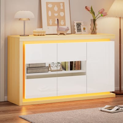 Dressoir - 140 x 40 x 84 cm - 4 Vakken met LED-Verlichting - Gehard Glas en Hoogglans Afwerking - Houtmateriaal - Wit