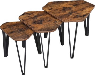 Bijzettafeltje Set van 3 geschikt voor Salon en Slaapkamer - Koffietafeltje Vintage Look - Maximaal 58,6 x 45cm - Zwart en Vintage Bruin