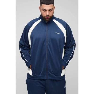 Plus Men's Regular Fit Tricot Kleurblok Funnel Neck Tracktop | Navy | Size 2XL