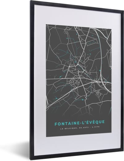 Fotolijst incl. Poster - Stadskaart – Grijs - Kaart – Fontaine l'Évêque – België – Plattegrond - 40x60 cm - Posterlijst