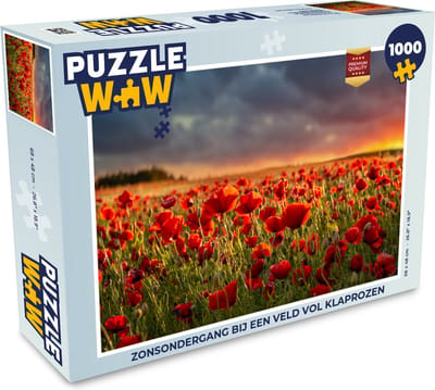 Puzzel Zonsondergang bij een veld vol Klaprozen - Legpuzzel - Puzzel 1000 stukjes volwassenen