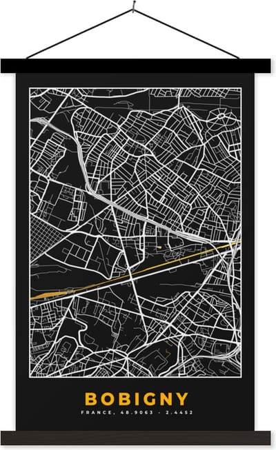 Posterhanger incl. Poster 40x60 cm - Schoolplaat - Stadskaart – Plattegrond – Kaart – Frankrijk - Bobigny - Textielposter - Zwarte latten - Stadskaart