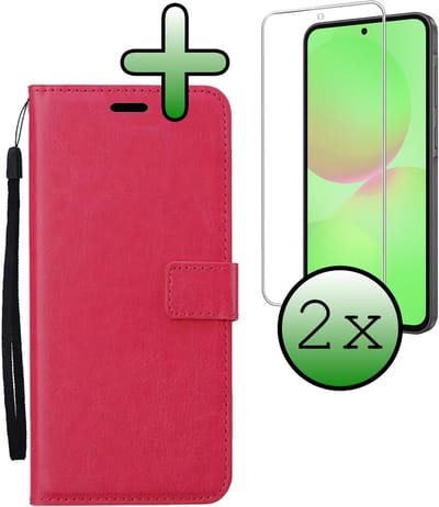 Hoesje Met 2x Screenprotector - Geschikt voor Samsung Galaxy A36 - Luxe Pasjeshouder - Bookcase Portemonee - Flip Case - Kunstleer Book Case - Flipcase Hoes - Book Cover - Walletcase - Portemonneehoes - Donkerroze
