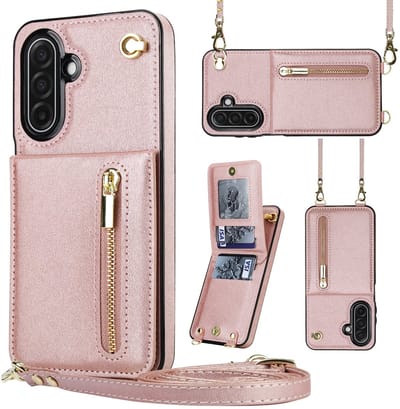 Multimedia & Accessoires Stijlvolle Leren Fashion Backcover Case Hoesje met Koord, Stand Ritsvak en Pasjeshouders geschikt voor Samsung Galaxy A17 - Rosegoud