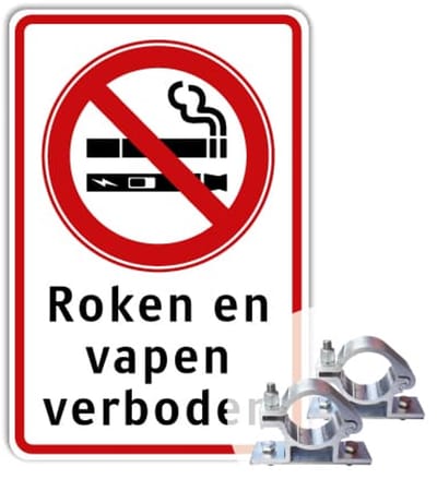 Bord Roken en vapen verboden - Weerbestendig Aluminium - 40x60 cm - Bevestiging: Met paalbeugels Ø48mm
