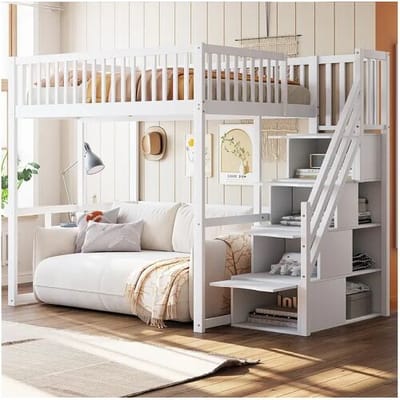 Merax Hoogslaper 140 x 200 cm met 4 lades en opbergplanken - Grenen + multiplex + MDF - voor kinderen - Wit