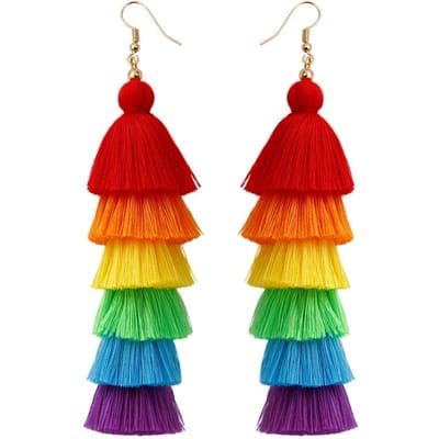 Boheemse Vakantie Wind Kwastjes Oorbellen Kleurrijk Regenboog Retro Lang red
