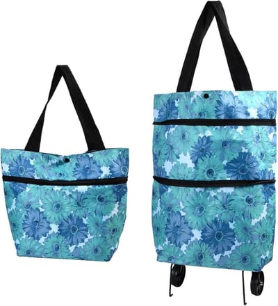 Vouwbare boodschappentas met wielen, 2-in-1 winkelwagentje, grote capaciteit voor supermarkt en kamperen, blauw
