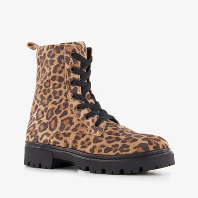 Braqeez suède meisjes veterboots met panterprint bruin - Maat 30 - Echt leer - Uitneembare zool