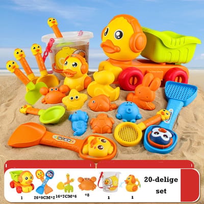 Strandspeelgoedset, 20 zandbak strandspeelgoed, strandspeelset voor kinderen met netzak, waterrad, hark strandkasteel, zandvormspeelgoed voor kinderen binnen of buiten Klein Geel Eendje
