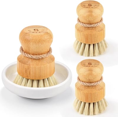 Natuurlijke Bamboe Schotel Scrub Borstels Set van 3 voor Keuken, Ideaal voor Gietijzeren Pannen en Afwassen