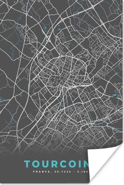 Poster Frankrijk - Stadskaart - Kaart - Plattegrond - Tourcoing - 120x180 cm XXL