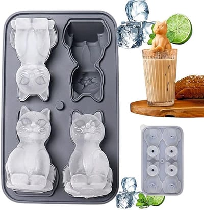 3D Kat Ijsblokjesvorm Siliconen - Ijsblokjesvorm met deksel - 4 Vaks - Grijs - Grote Ijsblokjes Mal - Makkelijk Los Te Maken - Voor Whisky En Bier