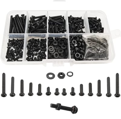 Dailygoods- Schroeven Assortiment 600 Stuks - M3 Pan Hoofd - Moeren - Platte Sluitringen - Koolstofstaal - Zwart - Schroefset