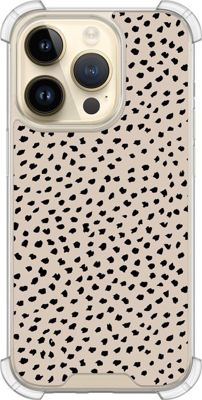 Shockproof hoesje - Geschikt voor iPhone 14 Pro - Almond dots - Extra sterke case - TPU/polycarbonaat - Gestipt - Beige, Transparant