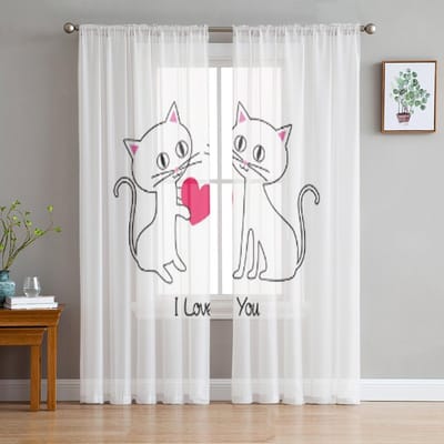 Schattige Kittens Valentijnsdag Illustratie Tule Gordijnen Voor Woonkamer Keuken Raam Gordijnen Huisdecoratie Transparant Gordijn Voor Slaapkamer 135W x 137H(cm) white