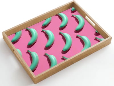 Dienblad hout 50x35 cm - Schootdienblad - Bananen - Patroon - Blauw - Roze - Borrelplank rechthoek - Plateau dienbladen