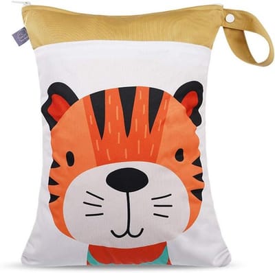 Droge natte tas voor luier dubbele rits, Treer herbruikbare waterdichte cartoon dieren afdrukken luierzakken hangende zakken voor babyluieropslag, reizen, strand, badmode, zwembad (30x40cm, tijger)