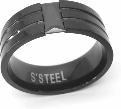 Ring - RVS - Maat 21 - Zwart glanzende ring met prachtige rechthoekige transparante zwart geslepen kristal steen. Zowel - dame - heer.